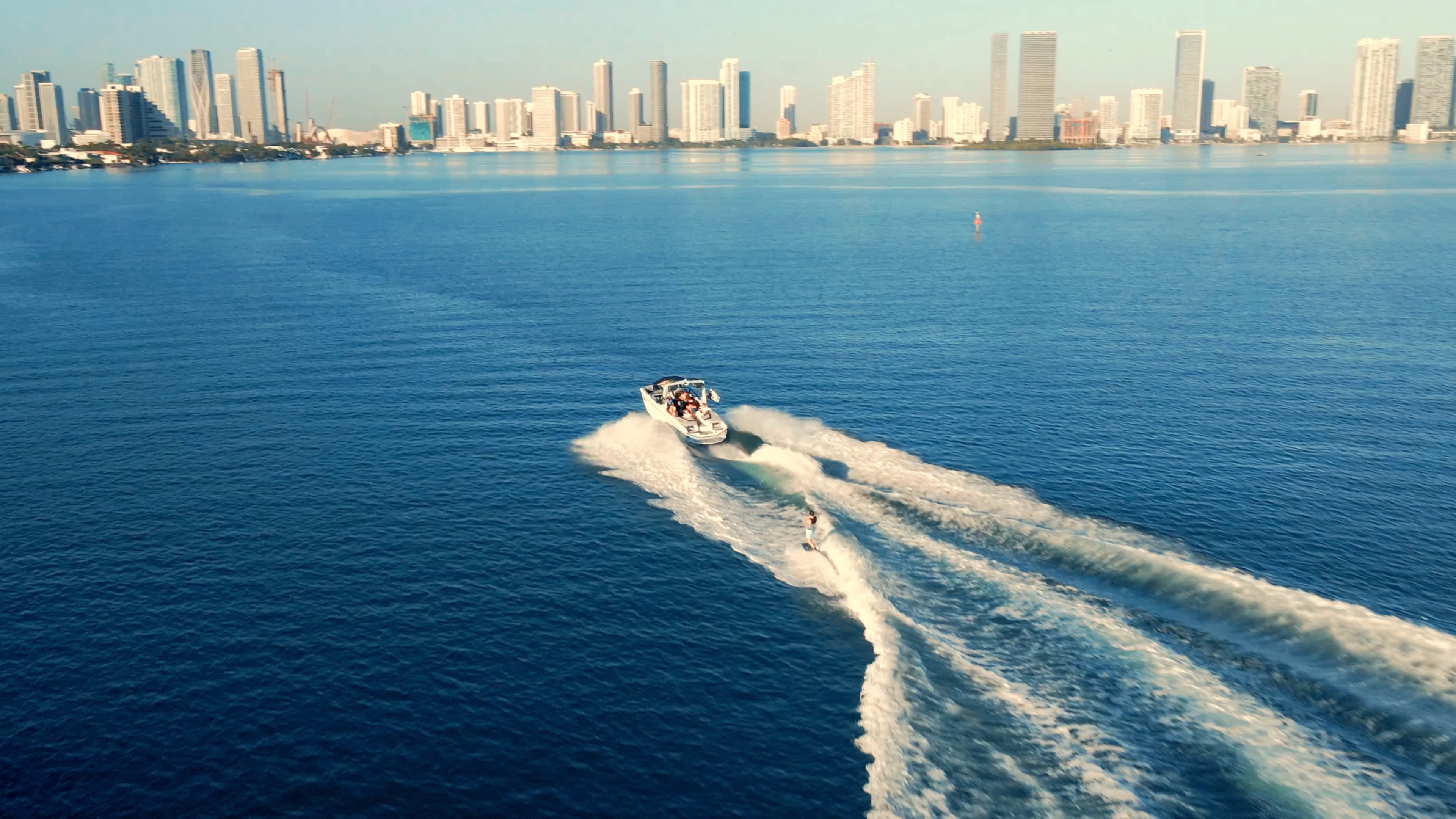 Wakesurfing on Biscayne Bay with Miami skyline